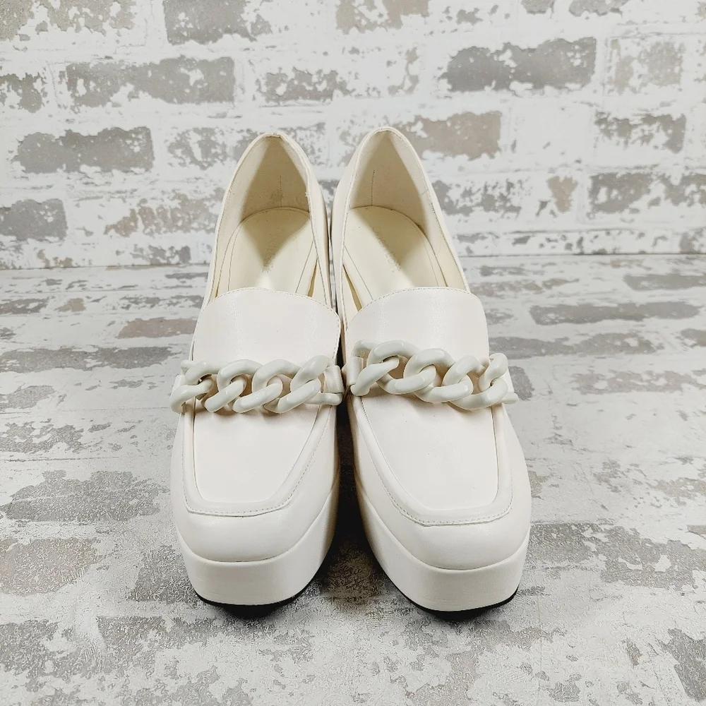 New Open Edit Women White Round Toe Chain Chunky Mid Platform Heels Shoes B501